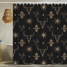 Western Bull Skull Shower Curtain Boho Cow Longhorn Skull Head Cactus Bohemian Black and Gold Shower Curtain with Hooks 72x72 Inch Waterproof Polyester Bathroom Curtain (Black Gold Bull Skull)