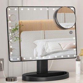 FUNTOUCH Large Lighted Makeup Mirror with Lights, Light Up Mirror with Small 10x Magnification for Desk, 360°Rotation Touch Screen,Brightness Adjustable Tabletop Cosmetic Vanity Make Up Mirror