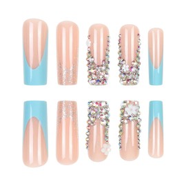 Vokupoga Long Press on Nails Blue French Tip Fake Nails Square False Nails with Rhinestones Designs Long Square Nail Press ons Sparkly Artificial Nails Cute Stick on Nails for Women 24Pcs