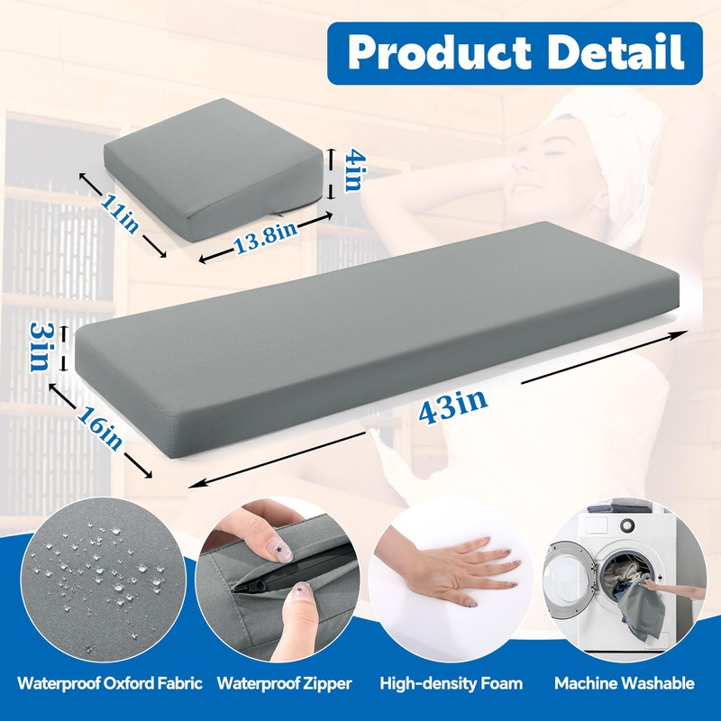 BALAPET Waterproof Sauna Seat Cushion with Lumbar Support, 3 Inch