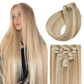Sunya Clip in Extensions Echthaar Aschblond Mit Platinblond Invisible Echt Haar Extension Clip in 40cm 7 Pcs 70g/Pack Semaless Glattes Haar