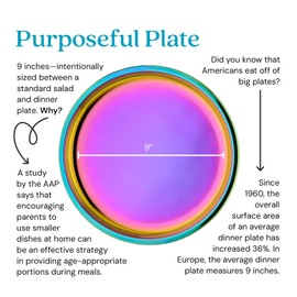 Ahimsa Stainless Steel Plates for Kids, 9" Colorful Stainless Steel Plates, Pediatrician Designed & Non Toxic, Unbreakable, Dishwasher Safe, Set of 4 Rainbow