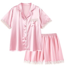 Sahunfri Girls Satin Pyjamas Set, Soft & Lightweight Sleepwear with Button Closure & Lace Trim Pjs, 8-15 Years Kids Pjs for Summer (UK, Numeric, 150, Regular, Pink)