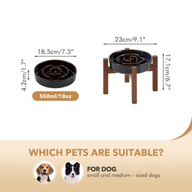 Havniva Ceramic 7.3inch Raised Slow Feeder Dog Bowl Set, Elevated Acacia Wood Stand for Medium and Small Dog, Slow Dish, Stop Bloat(Single Bowl+ Stand, Starry Sky)