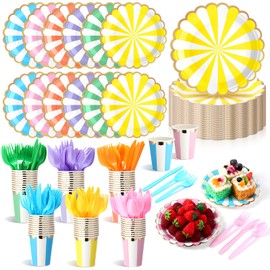 Mimorou 300 Pcs Pastel Scalloped Party Supplies 7in Gold Foil Scalloped Paper Plates 9oz Cups Colorful Disposable Tableware Striped Pastel Rainbow Dinnerware Set for Baby Shower Birthday Wedding
