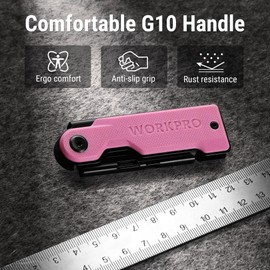 WORKPRO Folding Utility Knife with 10 Extra SK5 Blades, EDC Razor Sharp Knife with G10 Handle, Quick Change Box Cutter with Belt Clip, for Heavy Duty, DIY, Home, Office & Artcraft Use - Pink