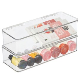 mDesign Long Plastic Kitchen Pantry/Fridge Storage Organizer Box Containers with Hinge Lid for Shelves or Cabinets, Holds Food, Snacks, Seasoning, Condiments, Flatware, Utensils, 2 Pack - Clear
