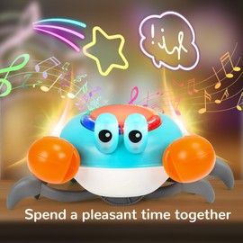 Hinpote Crawling Crab Baby Toy Tummy Time Crab Two Modes Learning and Crawling Crab Toys for Babies Crawly Crab Baby Toy Learning Letters Numbers Shapes Colors for 3-36 Months Blue