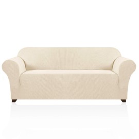 PrinceDeco Stretch Sofa Cover Slipcover Couch Covers for 3 Cushion Couch Furniture Protector Sofa Covers with Non Slip Elastic Bottom Dogs Pet Friendly Fitted (Sofa, Biscotti Beige)