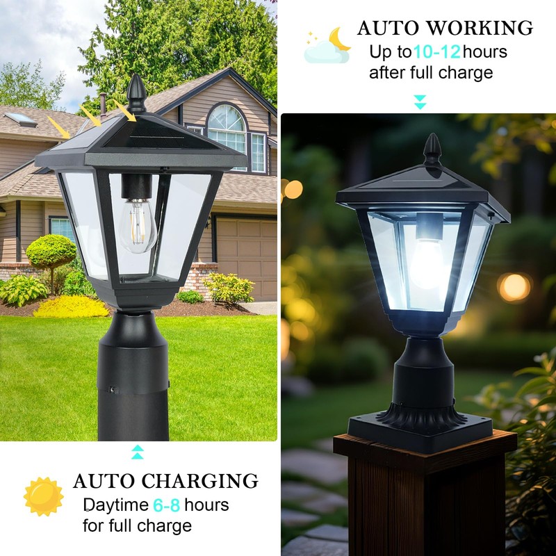 Jalarox Solar Post Lamp Lights, Metal and Glass Built Dusk
