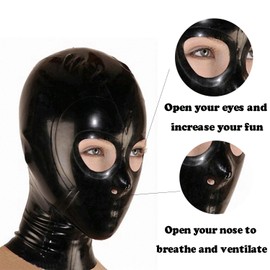 Kangxinsheng Black Latex Hood with Back Zipper,Rubber Mask open Eyes and Nose,Unisex Cosplay Club Costume (XXL)