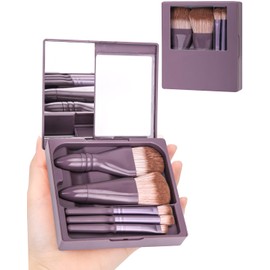 PGRODE Pinceles de maquillaje de tamaño viaje, mini juego con estuche rígido y espejo integrado, 5 brochas de maquillaje pequeñas, kit de viaje para  