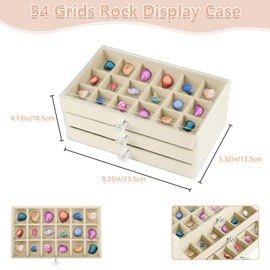 Rock Collections Display Case, Crystal Storage Box Display Cabinet with 54 Velvet Grids, 3 Drawers Rock Collection Display Organizer Showcase, Fossil Gemstone Display Box for Gem Enthusiasts (Beige)