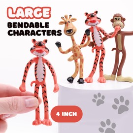 Bendable Zoo Animals 4 inch Wild Animal Toys in 4 Designs - Flexible Safari Animals Figures Party Favors Jungle Animals - Pinata Stuffers Rainforest Animals Figures Stress Educational Toys - 12 pcs