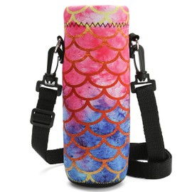 RICHEN Neoprene Water Bottle Carrier Bag with Adjustable Shoulder Strap, Insulated for 750ml/24oz Stainless Steel/Glass/Plastic Bottles (Mermaid Scale, 750ml)