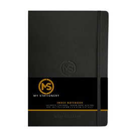 A6 Index Notebook Hardback Leatherette Cover 8mm Ruled Margin A-Z Tabs 264 Pages 100 GSM White Paper – 11 X 16 CM Index Notebook (Black)