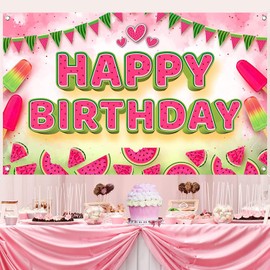 Watermelon Birthday Backdrop Watercolor Banner Summer Theme Party Background Watermelon Happy Birthday Banner for Watermelon Party Supplies Watermelon Party Decorations Banner Photo Booth Studio Prop