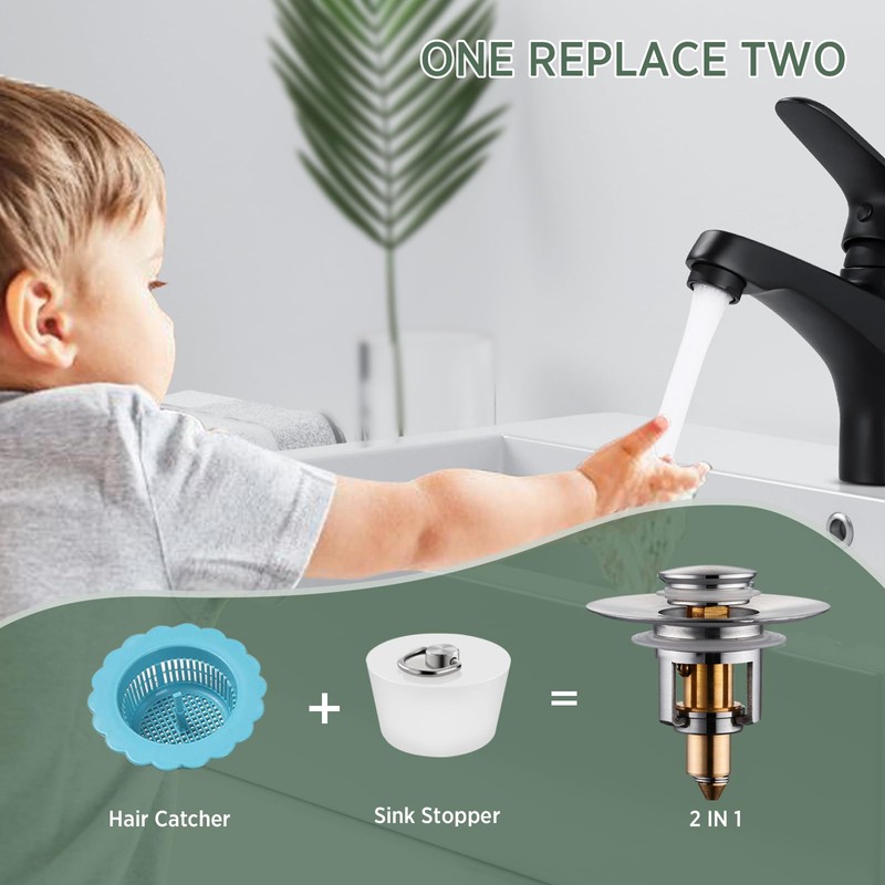 Universal Bathroom Sink Stopper - 2 Pack Brushed Nickel Pop