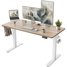 TIQLAB Height Adjustable Electric Standing Desk, 55 x 24 inch, Sit Stand Up Desk, Splice Board, Computer Home Office Desk, White Frame/Maple Top