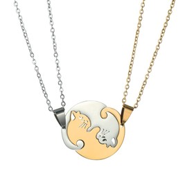 Cat Kitty Necklace for Women Men Stainless Steel Matching Cat Love Heart Necklace for Couples Friendship Jewelry Gift