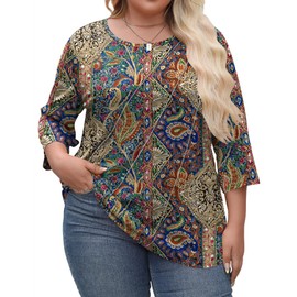 LOMON Plus Size Spring Clothes for Women 3/4 Length Sleeve Womens Tops Long Sleeve Womens Fashion 2025 Boho Dressy Casual Boho Print 2X