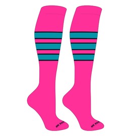 Mk Socks Striped OTC Baseball, Softball, Football Socks (C) Hot Pink, Black, Marlin Teal (L)