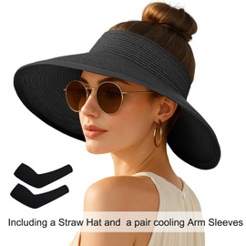 Women's Sun Visor Hats Wide Brim Straw Beach Hat Ponytail Hats for Women Foldable Floppy, 1pack-black-coolingsleeves, 6 3/4-6 7/8