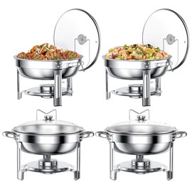 TINANA 5QT Stainless Steel Chafing Dishes for Buffet with Glass Lid & Lid Holder, Round Chafers and Buffet Warmers Sets for Parties, Events, Wedding, Camping, Dinner - Set: Silver 4 Pack