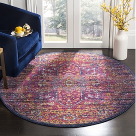 Safavieh Evoke Collection EVK275F Boho Chic Medallion Distressed Area Rug, 3' Round, Blue/Fuchsia