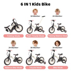 JMMD Toddler Bike with Push Handle for Kids 18-60 Months, 6 in 1 Foldable Push Bike with Training Wheels, Pedals, Brakes, Kickstand, Kid Balance Bike Gift & Toys for Boy & Girl Tricycle:_Pink