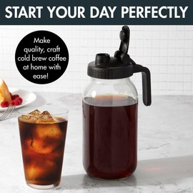 Primula Mason Jar Cold Brew Iced Coffee Maker with Stainless Steel Filter and Easy Pour Lid, Durable Glass Pitcher Fits in Most Fridge Doors, Dishwasher Safe, Made without BPA, 2-Quart, Black