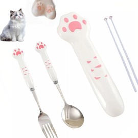 Pawnoc Cat Paw Utensil Set, Cute Pink Paw Print Spoon Fork and Chopsticks with Case, Portable Flatware Gift for Cat Lovers Girls Travel Lunchbox
