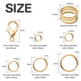Handyman Crafts Handyman Crafts Jump Rings Kit With1000PCS Open Jump Rings 40PCS 12mm Lobster Clasps and Jump Rings Opener for Jewelry Making Keychains and Necklace Repair (Gold)