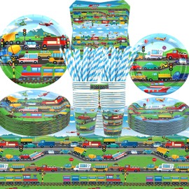 Transportation Party Supplies - Transportation Party Tableware - Dinner Plates Desserts Plates Cups Napkins Tablecover Straws for for Truck Cars Construction Party Baby Shower Supplies, Serves 40 (40)