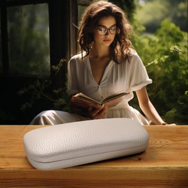 MyEyeglassCase Hard eyeglass case | Medium Clam shell Glasses Case with Microfiber Drawstring Pouch and Cleaning Cloth | Protective Small sunglasses case for women (AS126 Pearl)