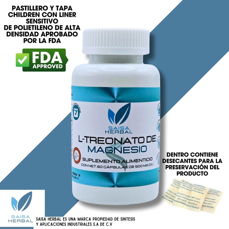 L-treonato De Magnesio 100% Puro con 60 Cápsulas SAISA HERBAL