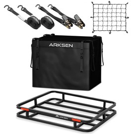 ARKSEN 32 x 26 x 4 Inch Heavy Duty Bumper Mounted Cargo Rack Carrier with 500D PVC Waterproof Cargo Bag, Nylon Net, Ratchet Straps,350 Lbs Capacity Luggage Basket Hitch for RV, Camping, Traveling