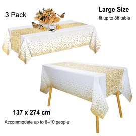 PHOGARY 3 Pack White & Gold Dot Disposable Plastic Tablecloths - 137x274cm Rectangular Waterproof Covers for Parties Weddings Birthdays Baby Showers & Celebrations