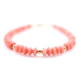 Jen Herrmann Jewelry 5mm Salmon Pink Coral & Gold Bracelet, Rondelle Disk Round Beaded Gemstone Bead - 6"