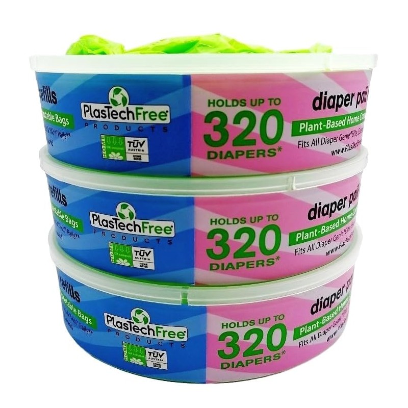 Plastech Diaper Pail Refills - 100% Home Compostable/Plant-Based, 3 Count