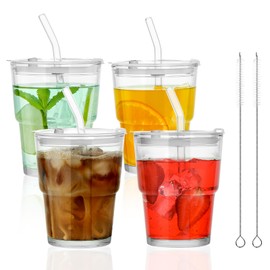 LYBHWBF 4 Pack 13 Oz Glass Cups with Lids and Straws Glass Iced Coffee Cups with Lids Vintage Glass Tumbler for Beer Ice Coffee Fruit Juice Elegant Aesthetic Cup Glassware Include 1 Cleaning Brushes