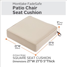 Classic Accessories Montlake FadeSafe Water-Resistant 21 x 21 x 5 Inch Square Outdoor Seat Cushion, Patio Furniture Chair Cushion, Antique Beige