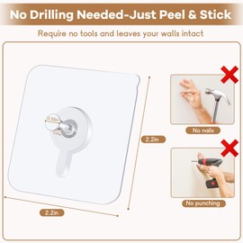 22 Pcs Drill Free Adhesive Wall Hooks, 20 lb Capacity Picture Hanging Hooks, Heavy Duty Picture Hangers Without Nails Strong Hold for Bathroom, Kitchen & Entryway