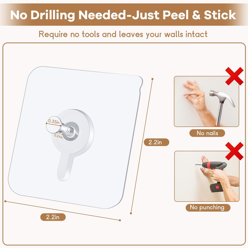 22 Pcs Drill Free Adhesive Wall Hooks, 20 lb Capacity