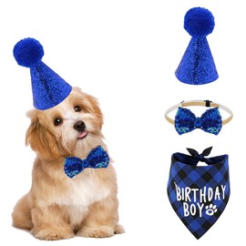 NITAIUN 3-Piece Dog Birthday Bandana Set, Dog Birthday Hat, Dog Birthday Ties, Dog Neckerchief, Bandana, Dog Accessory Set, Dog Birthday Party for Puppies, Cats, Pets, Blue