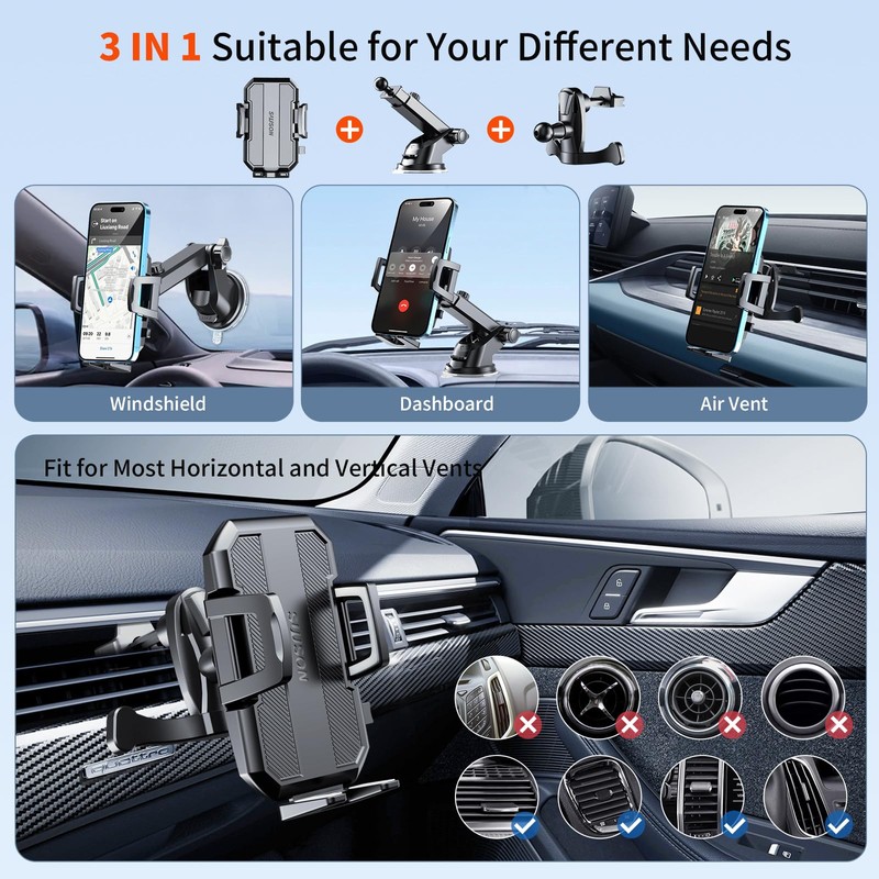 SUUSON Upgraded 3-in-1 Car Phone Holder Mount [Powerful Suction] Phone