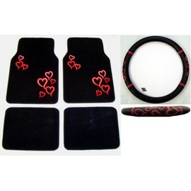 Pink Multi Color Hearts Combo - Front & Rear Carpet Floor Mats & Steering Wheel Cover