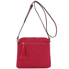 Chevron Quilted Medium Crossbody Bag with Tassel Accent (Fuchsia)