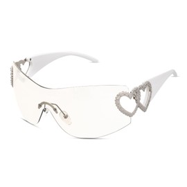 JTYKUYR Y2K Wrap Around Rimless Sunglasses Trendy Shield Silver Heart Sunglasses 2000S Fashion Frameless Sun Glasses for Women Men