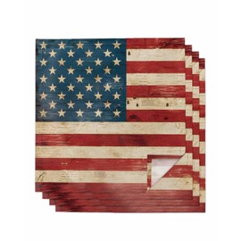 Vintage American Flag Cloth Napkins Set of 4, Patriotic Star Red Strip Reusable Dinner Napkins Cloth Independence Day Washable Dinner Towel for Wedding Party Kitchen Table Decoration, 20x20 Inch